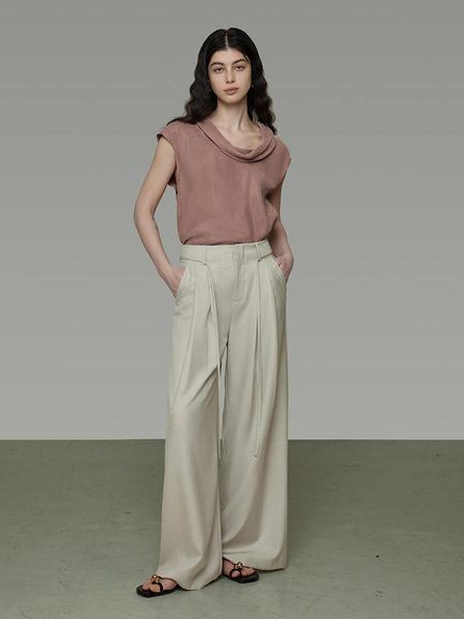 UNSPOKEN High Waist Pleated Wide Leg Belt Detail Minimalist Office Women Polyester Pants