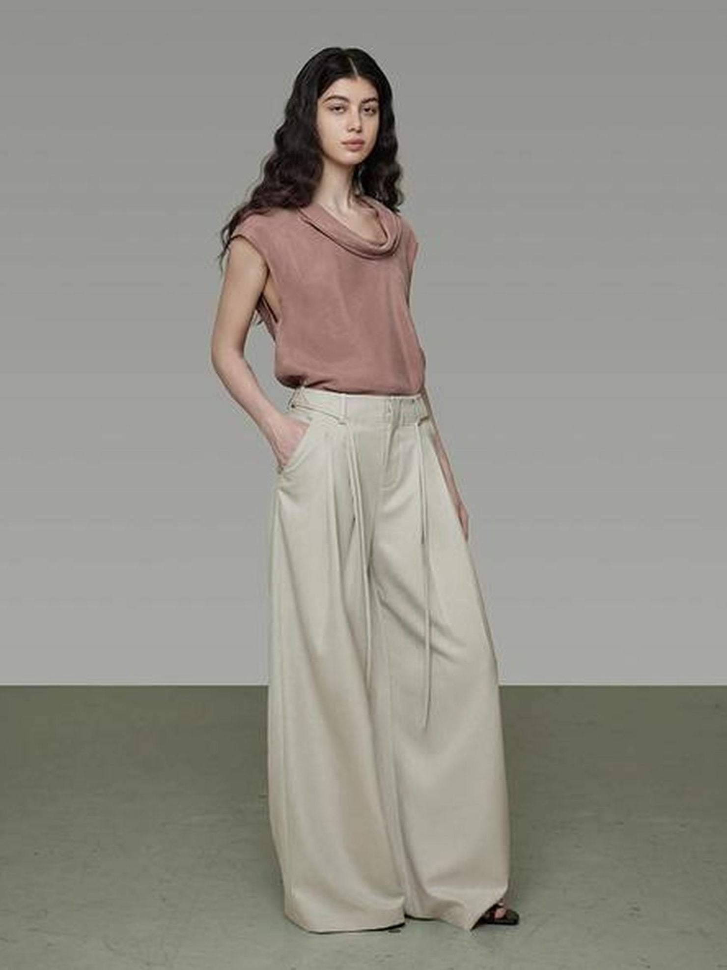 UNSPOKEN High Waist Pleated Wide Leg Belt Detail Minimalist Office Women Polyester Pants