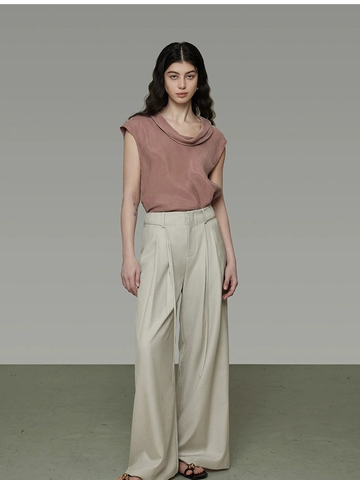 UNSPOKEN High Waist Pleated Wide Leg Belt Detail Minimalist Office Women Polyester Pants