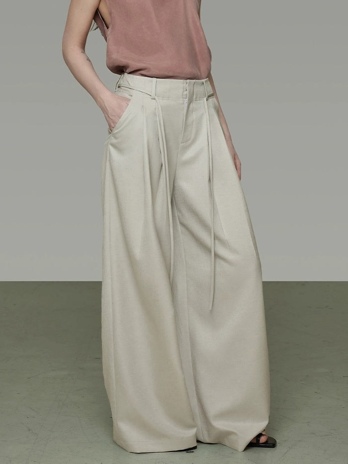 UNSPOKEN High Waist Pleated Wide Leg Belt Detail Minimalist Office Women Polyester Pants