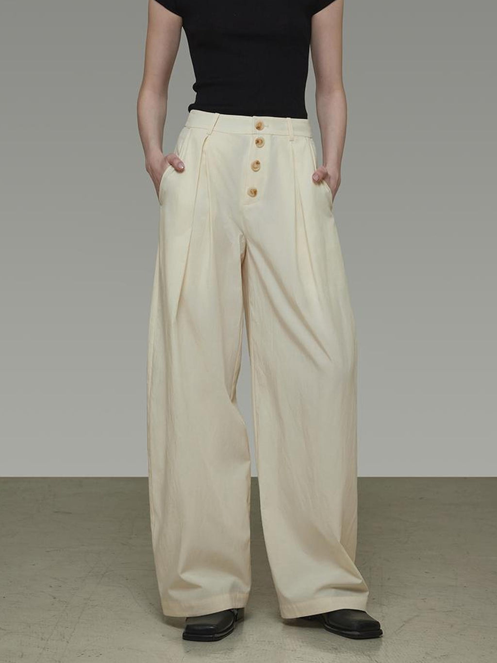 UNSPOKEN High Waist Pleated Wide Leg Button Detail Minimalist Lyocell Pants