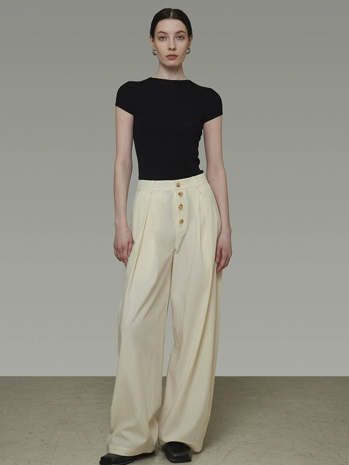 UNSPOKEN High Waist Pleated Wide Leg Button Detail Minimalist Lyocell Pants
