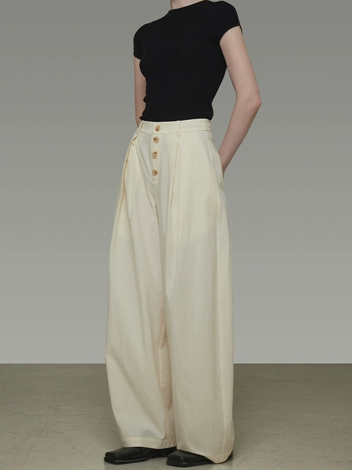 UNSPOKEN High Waist Pleated Wide Leg Button Detail Minimalist Lyocell Pants