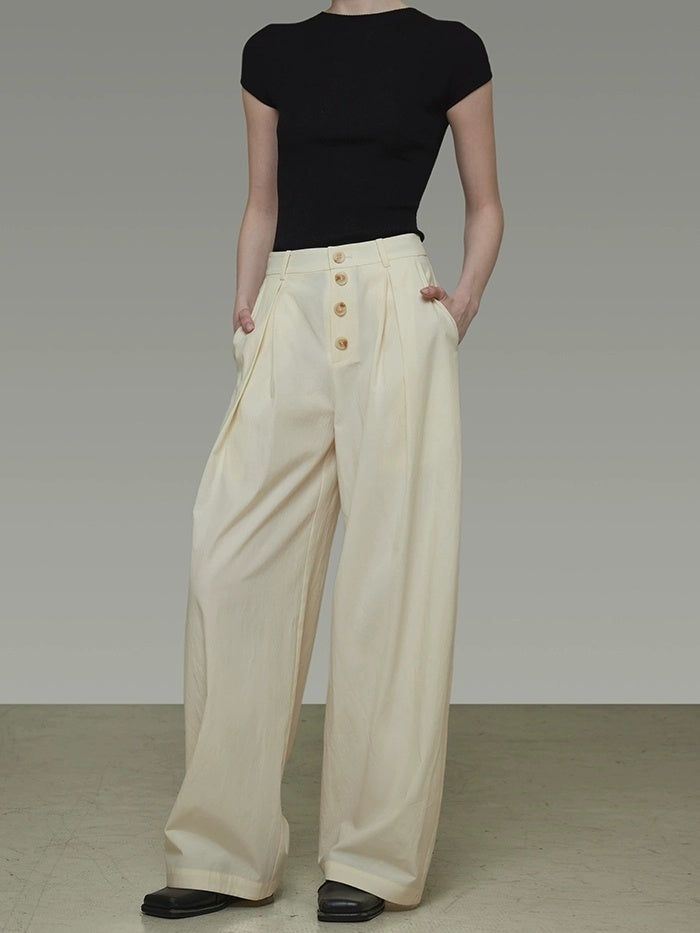 UNSPOKEN High Waist Pleated Wide Leg Button Detail Minimalist Lyocell Pants