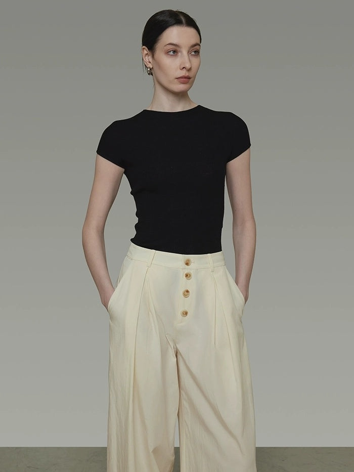 UNSPOKEN High Waist Pleated Wide Leg Button Detail Minimalist Lyocell Pants