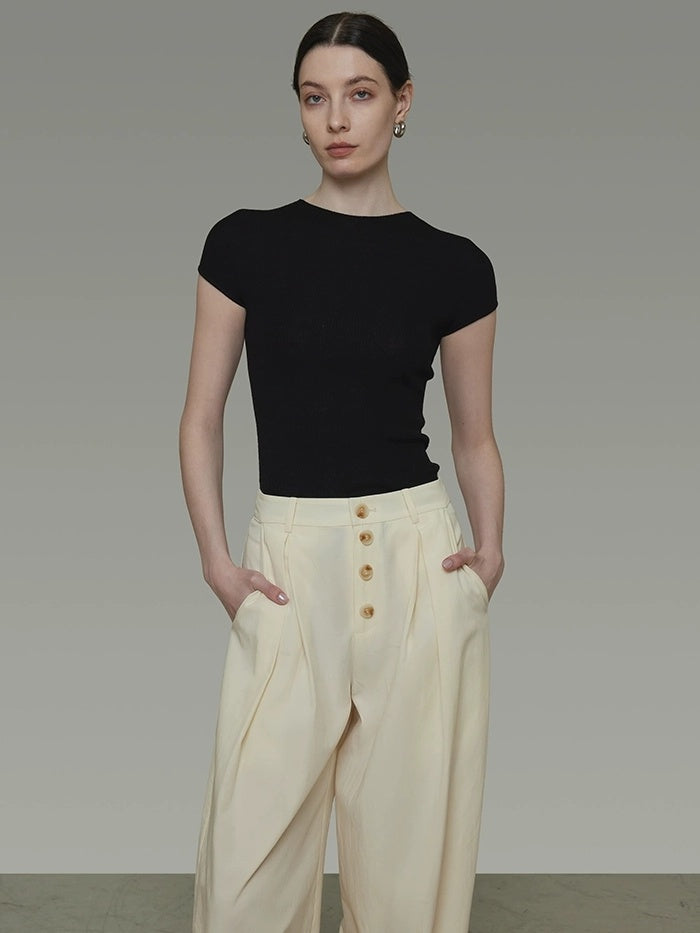 UNSPOKEN High Waist Pleated Wide Leg Button Detail Minimalist Lyocell Pants