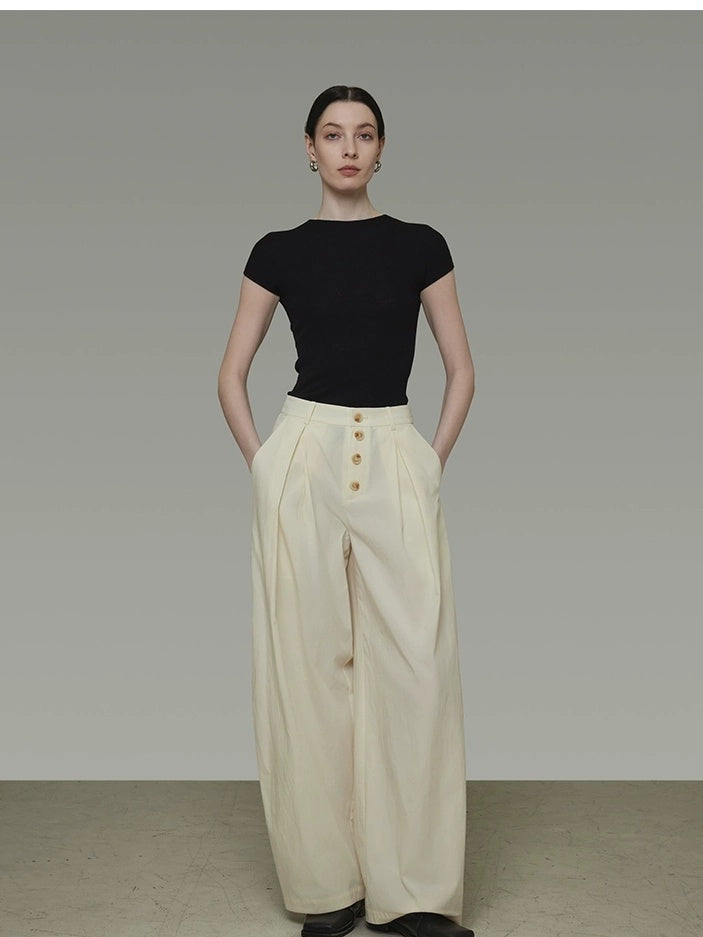 UNSPOKEN High Waist Pleated Wide Leg Button Detail Minimalist Lyocell Pants