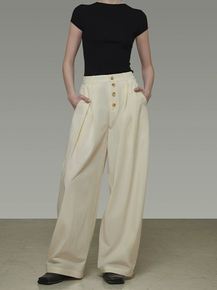 UNSPOKEN High Waist Pleated Wide Leg Button Detail Minimalist Lyocell Pants