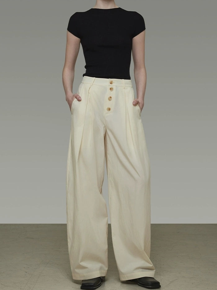 UNSPOKEN High Waist Pleated Wide Leg Button Detail Minimalist Lyocell Pants