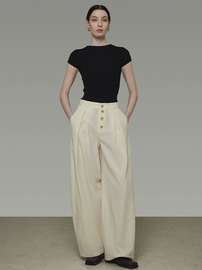 UNSPOKEN High Waist Pleated Wide Leg Button Detail Minimalist Lyocell Pants