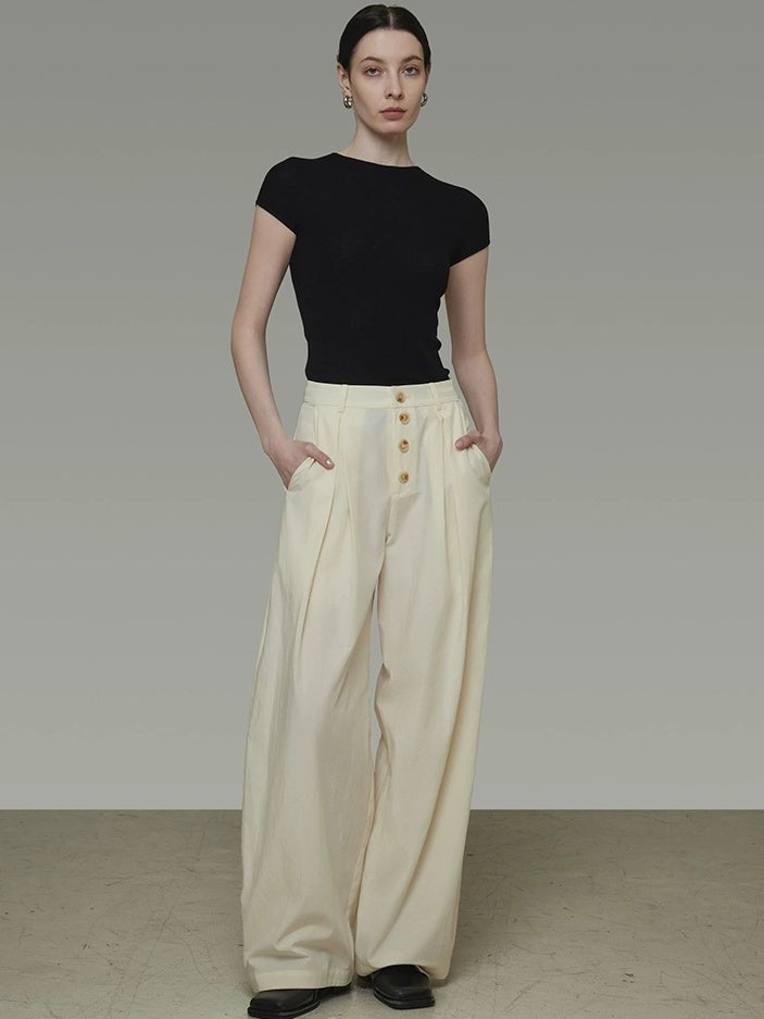 UNSPOKEN High Waist Pleated Wide Leg Button Detail Minimalist Lyocell Pants