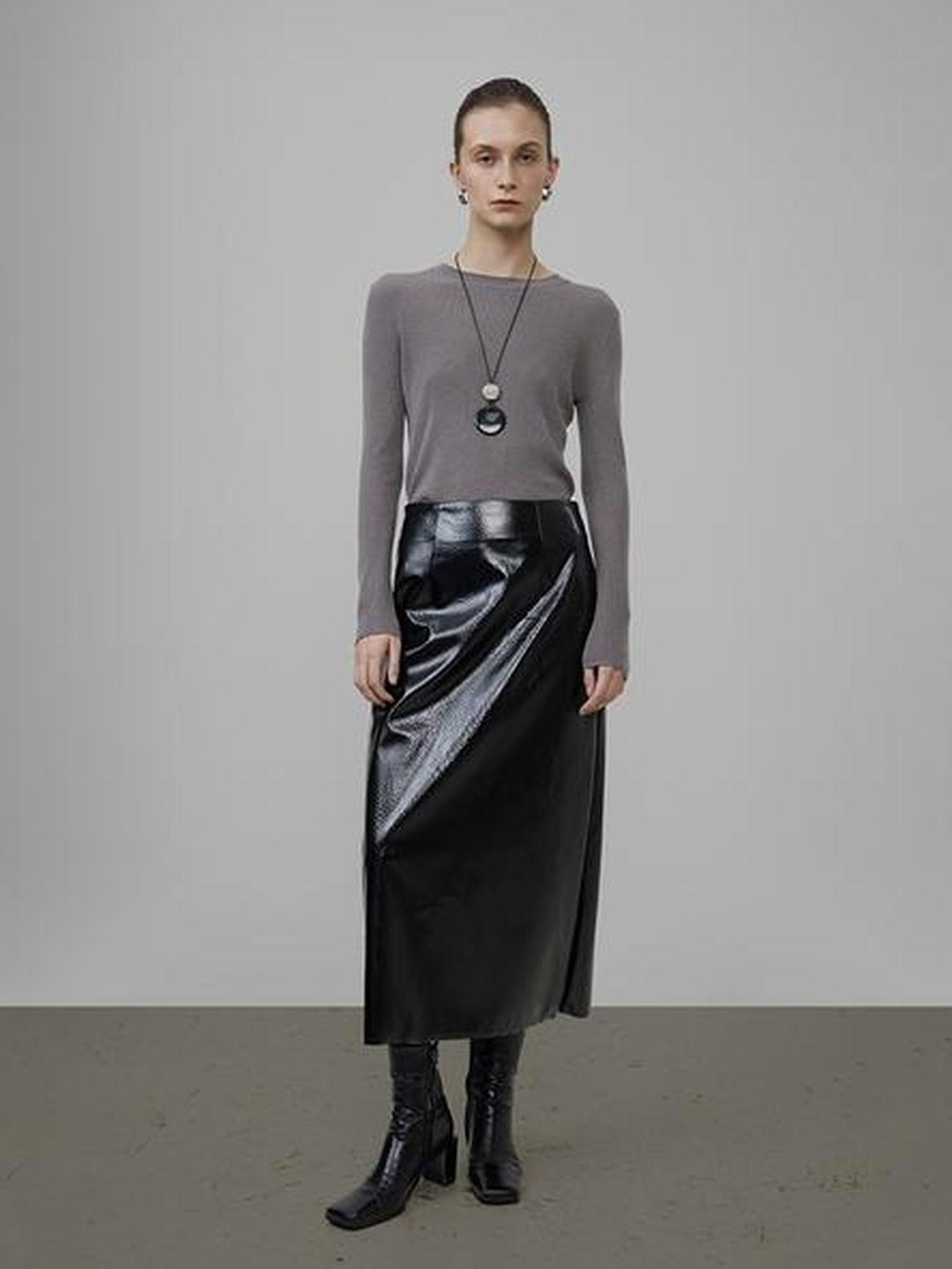 UNSPOKEN High Waist Pu Lined Minimal A Line Straight Office City Commute Black Midi Skirt