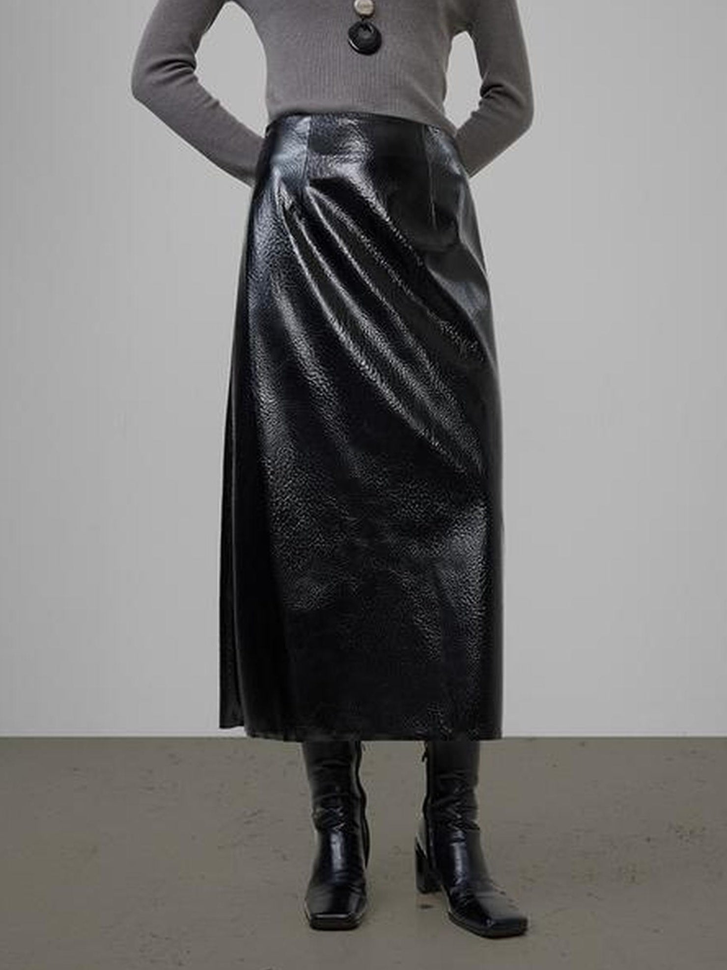 UNSPOKEN High Waist Pu Lined Minimal A Line Straight Office City Commute Black Midi Skirt