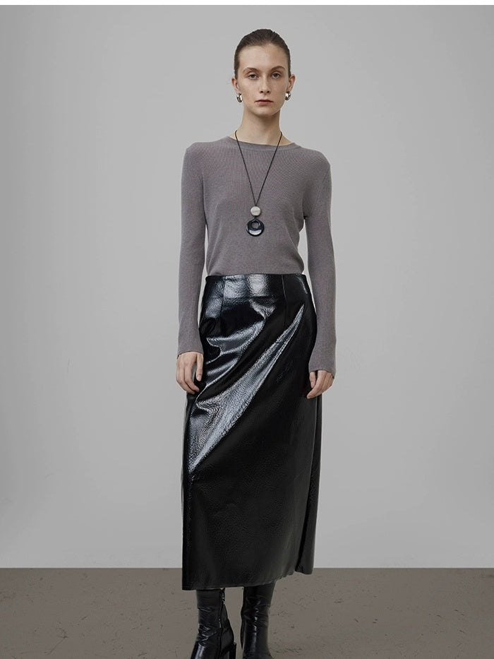 UNSPOKEN High Waist Pu Lined Minimal A Line Straight Office City Commute Black Midi Skirt