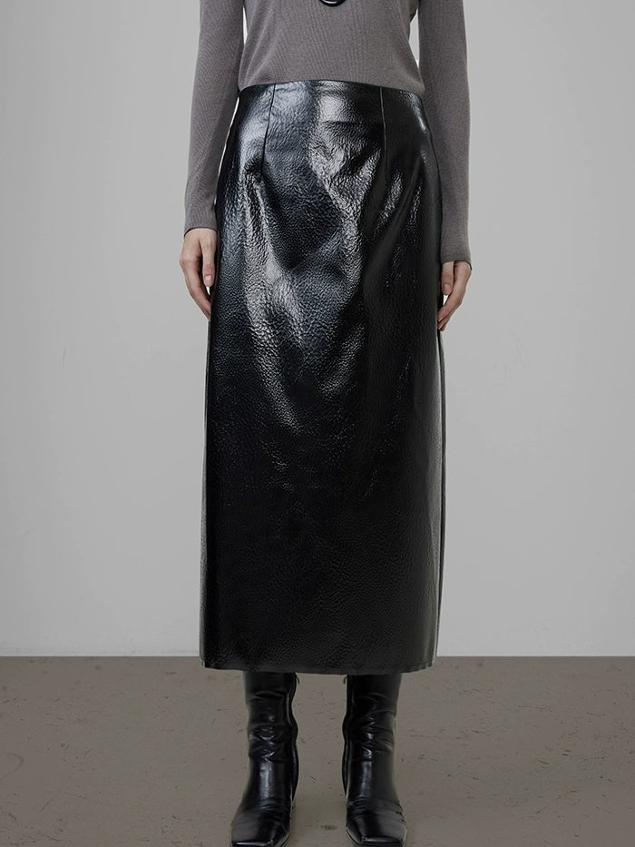 UNSPOKEN High Waist Pu Lined Minimal A Line Straight Office City Commute Black Midi Skirt