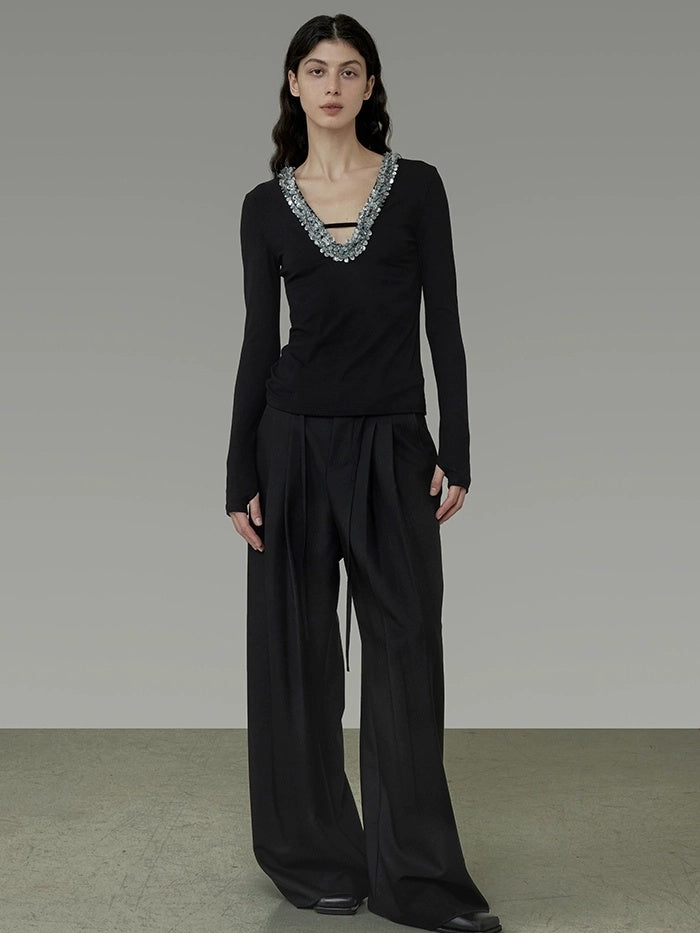 UNSPOKEN High Waist Wide Leg Commuter Office Elegant Women Black Polyester Long Pants