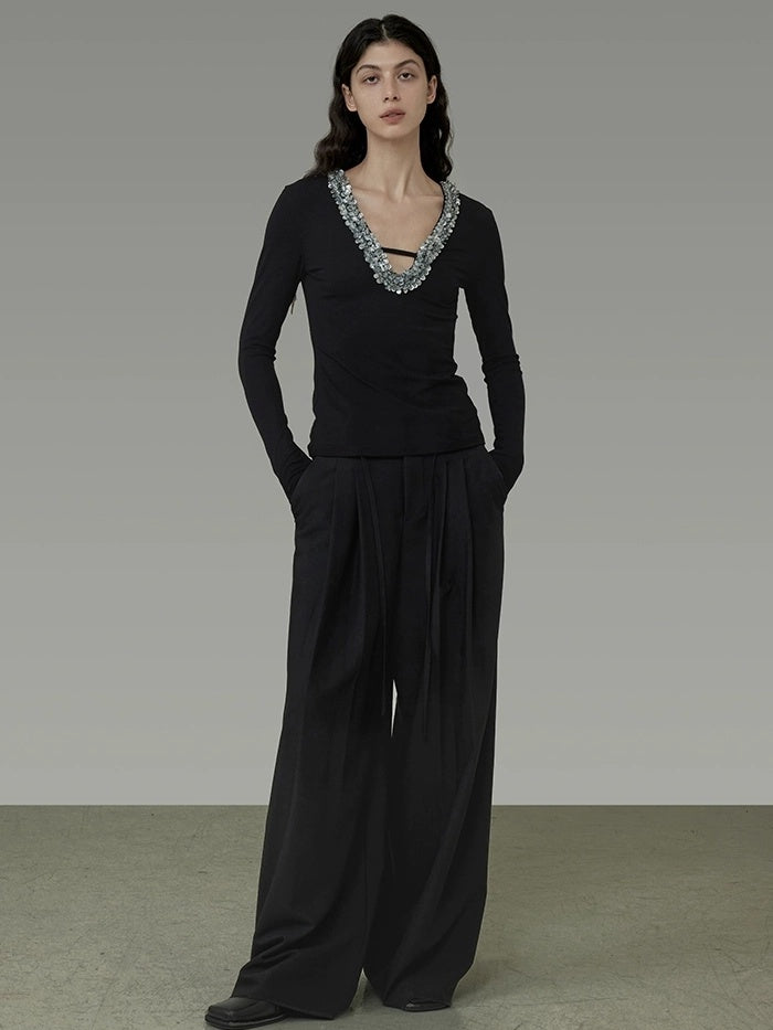 UNSPOKEN High Waist Wide Leg Commuter Office Elegant Women Black Polyester Long Pants