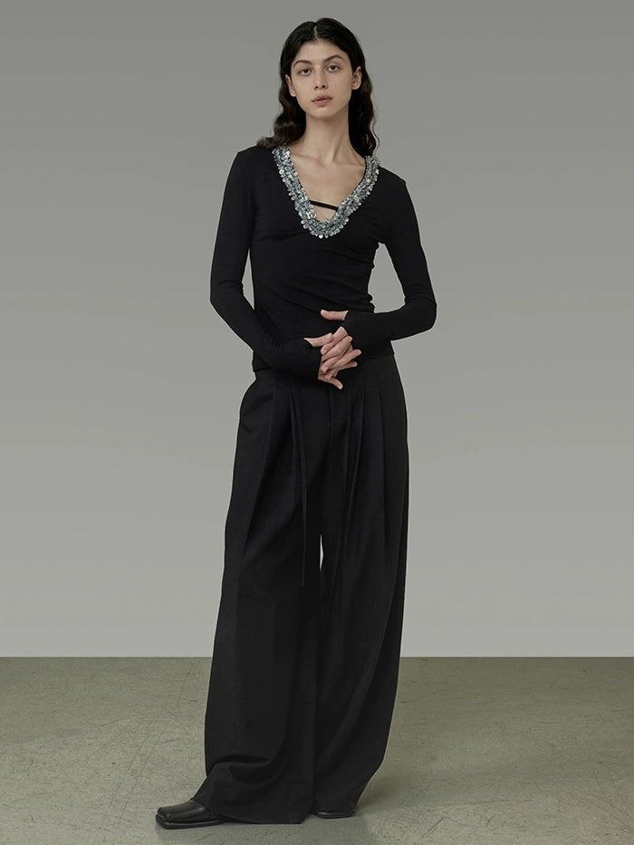 UNSPOKEN High Waist Wide Leg Commuter Office Elegant Women Black Polyester Long Pants