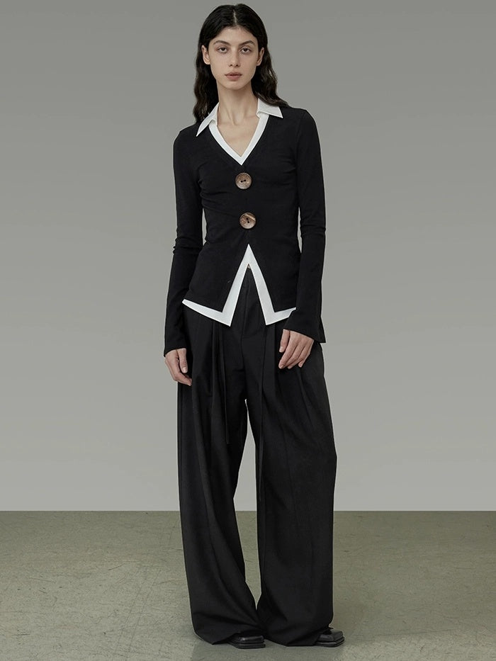 UNSPOKEN High Waist Wide Leg Commuter Office Elegant Women Black Polyester Long Pants