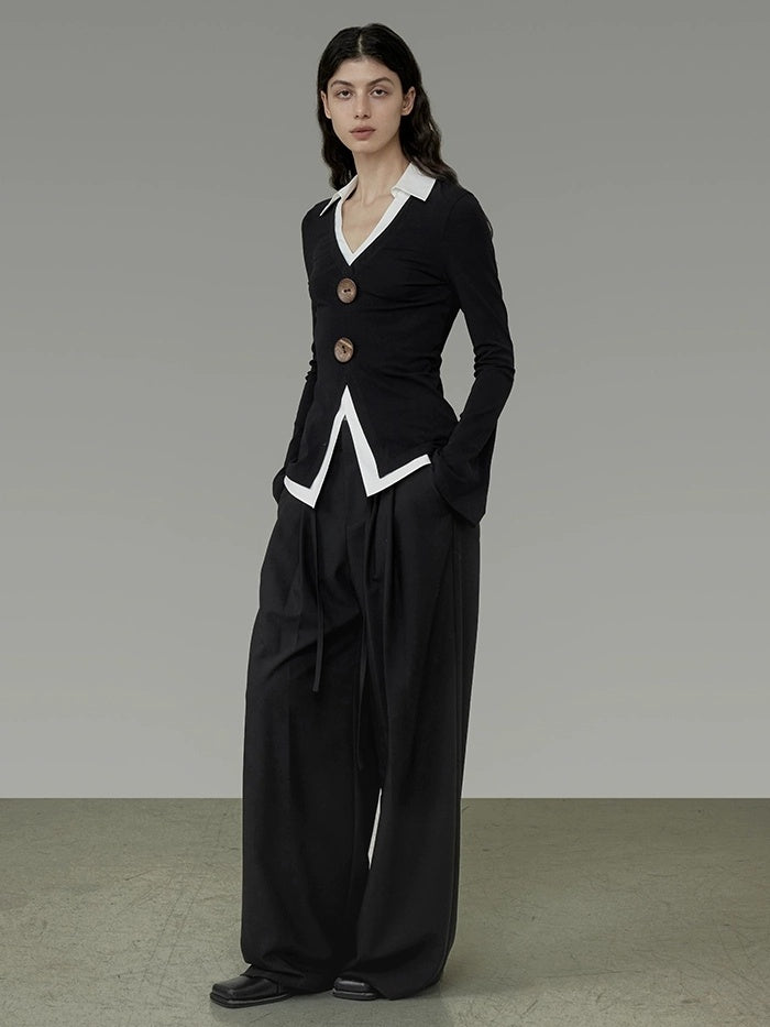 UNSPOKEN High Waist Wide Leg Commuter Office Elegant Women Black Polyester Long Pants