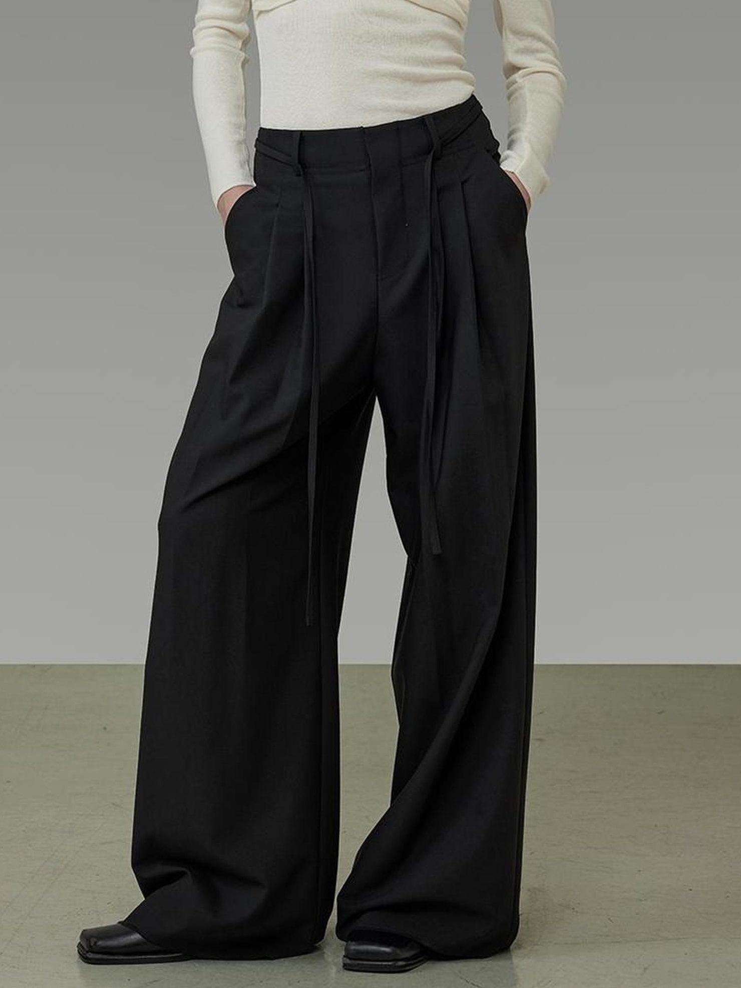 UNSPOKEN High Waist Wide Leg Commuter Office Elegant Women Black Polyester Long Pants