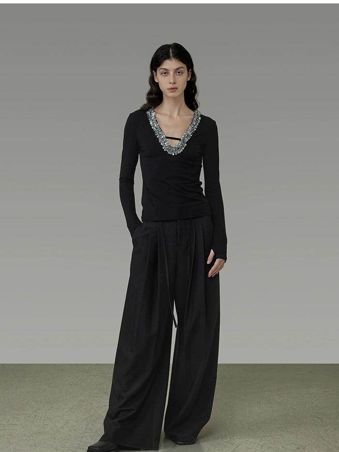 UNSPOKEN High Waist Wide Leg Commuter Office Elegant Women Black Polyester Long Pants