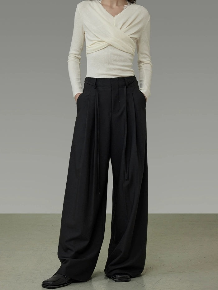 UNSPOKEN High Waist Wide Leg Commuter Office Elegant Women Black Polyester Long Pants