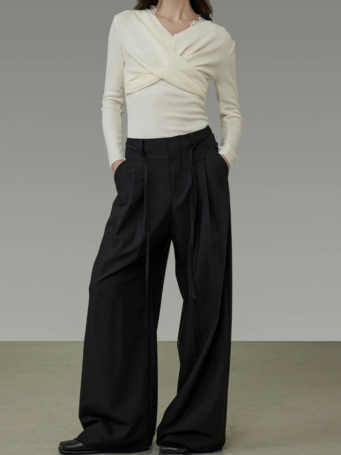 UNSPOKEN High Waist Wide Leg Commuter Office Elegant Women Black Polyester Long Pants