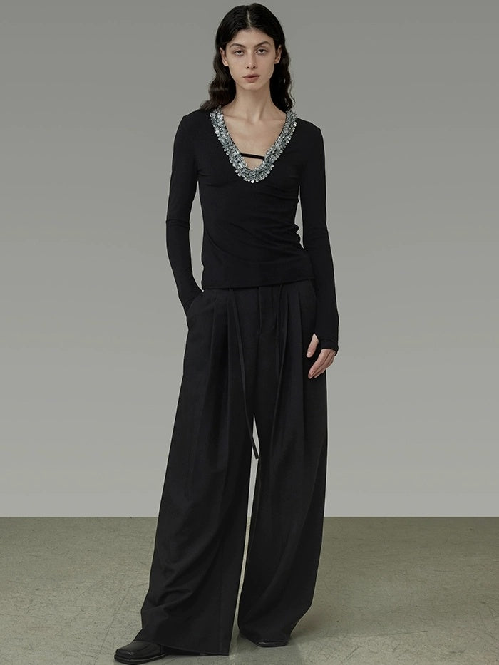 UNSPOKEN High Waist Wide Leg Commuter Office Elegant Women Black Polyester Long Pants