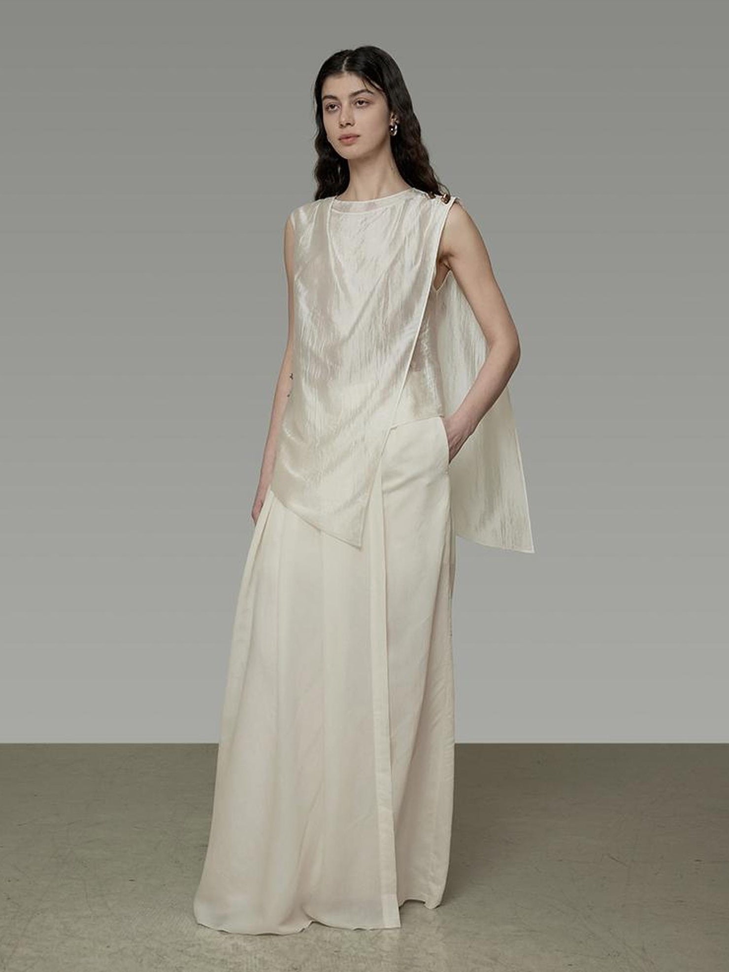 UNSPOKEN High Waist Wide Leg Loose Minimal Office Zip Fly Nylon Viscose Off White Pants