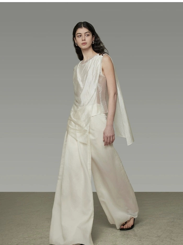 UNSPOKEN High Waist Wide Leg Loose Minimal Office Zip Fly Nylon Viscose Off White Pants