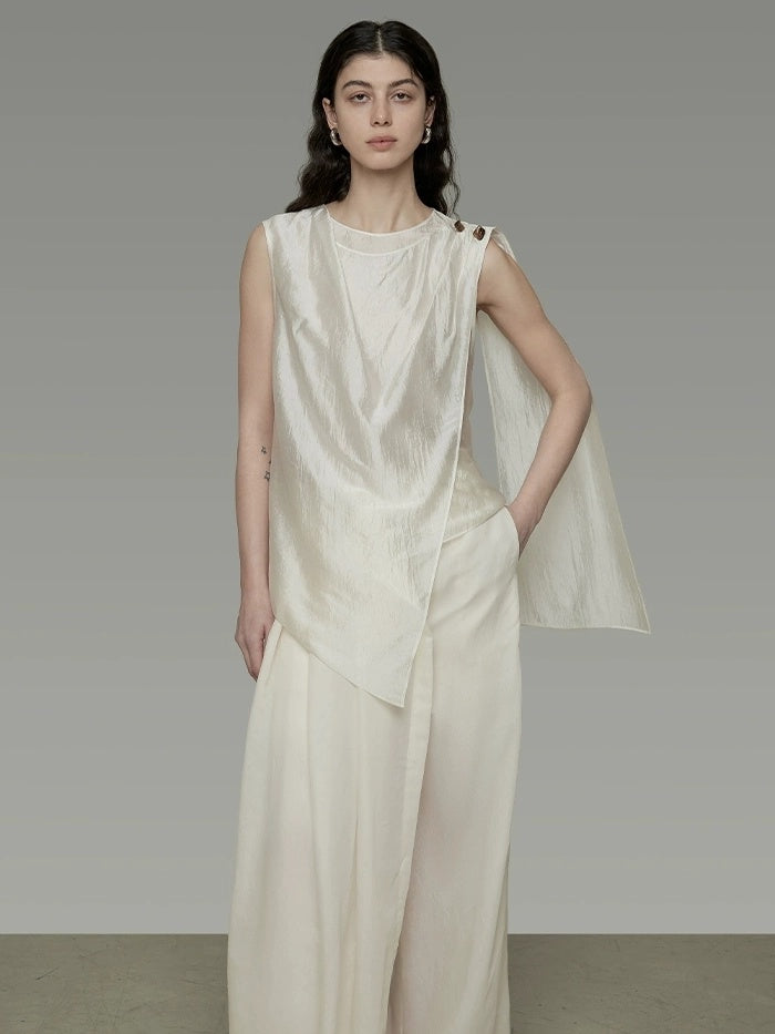 UNSPOKEN High Waist Wide Leg Loose Minimal Office Zip Fly Nylon Viscose Off White Pants