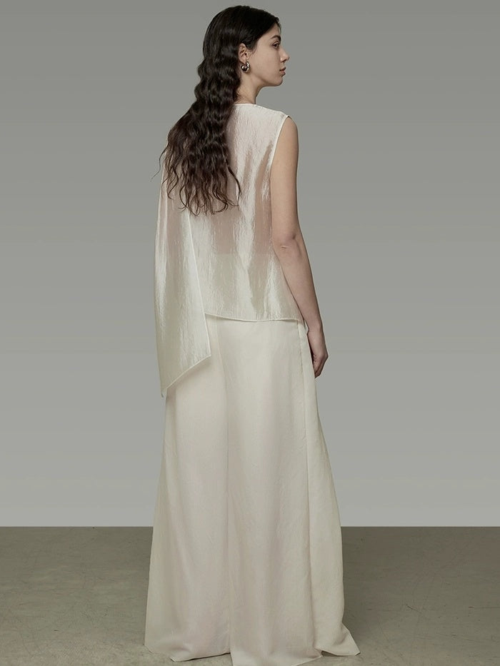 UNSPOKEN High Waist Wide Leg Loose Minimal Office Zip Fly Nylon Viscose Off White Pants