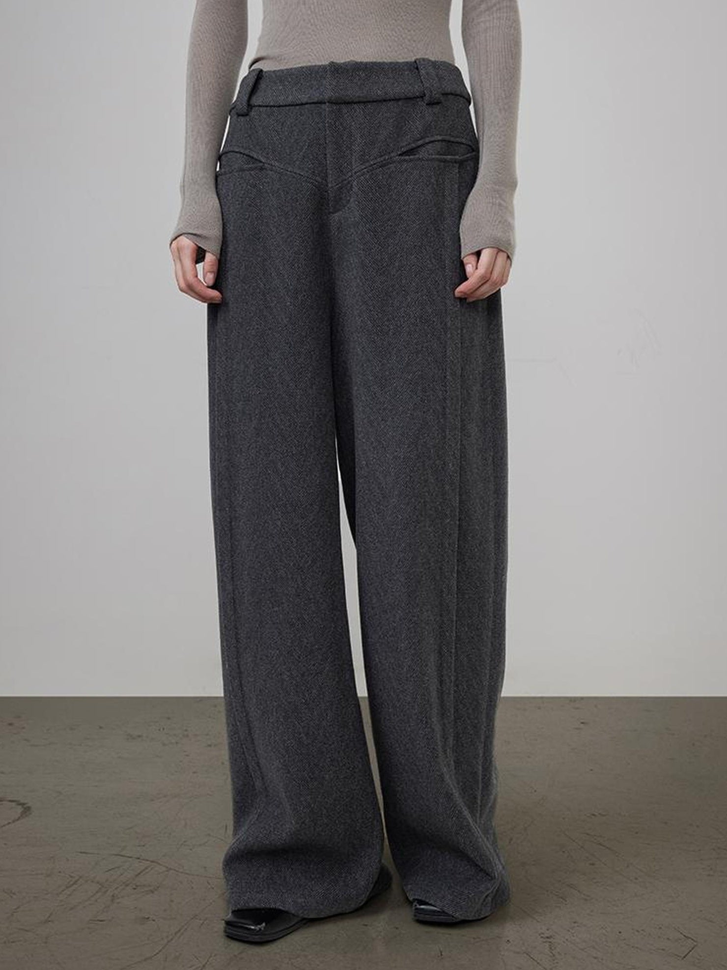 UNSPOKEN High Waist Wide Leg Loose Pocket Zipper Office Polyester Blend Pants