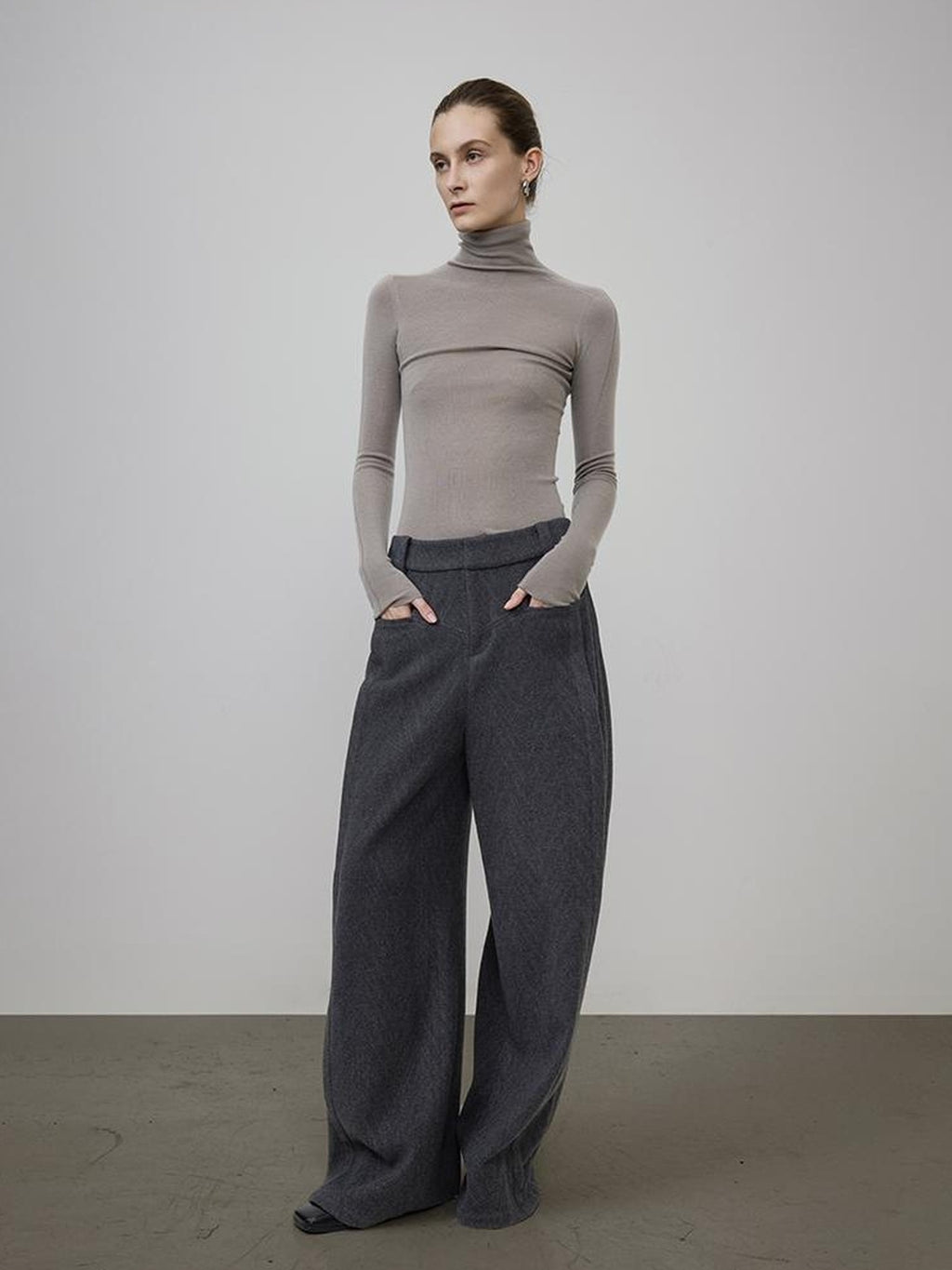 UNSPOKEN High Waist Wide Leg Loose Pocket Zipper Office Polyester Blend Pants