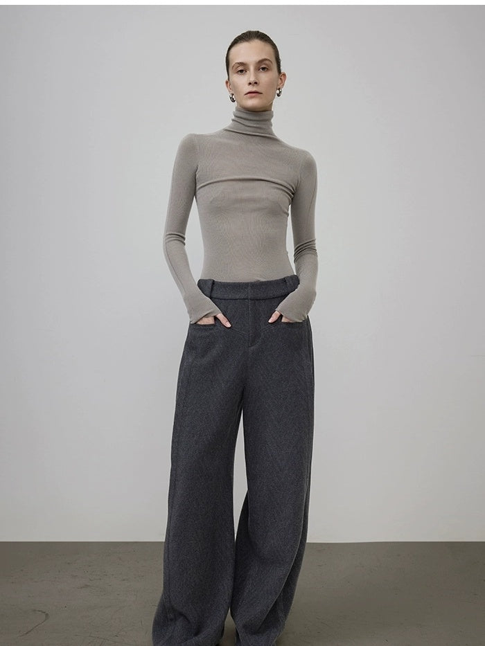 UNSPOKEN High Waist Wide Leg Loose Pocket Zipper Office Polyester Blend Pants