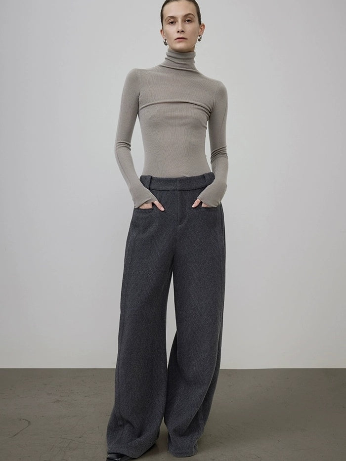 UNSPOKEN High Waist Wide Leg Loose Pocket Zipper Office Polyester Blend Pants