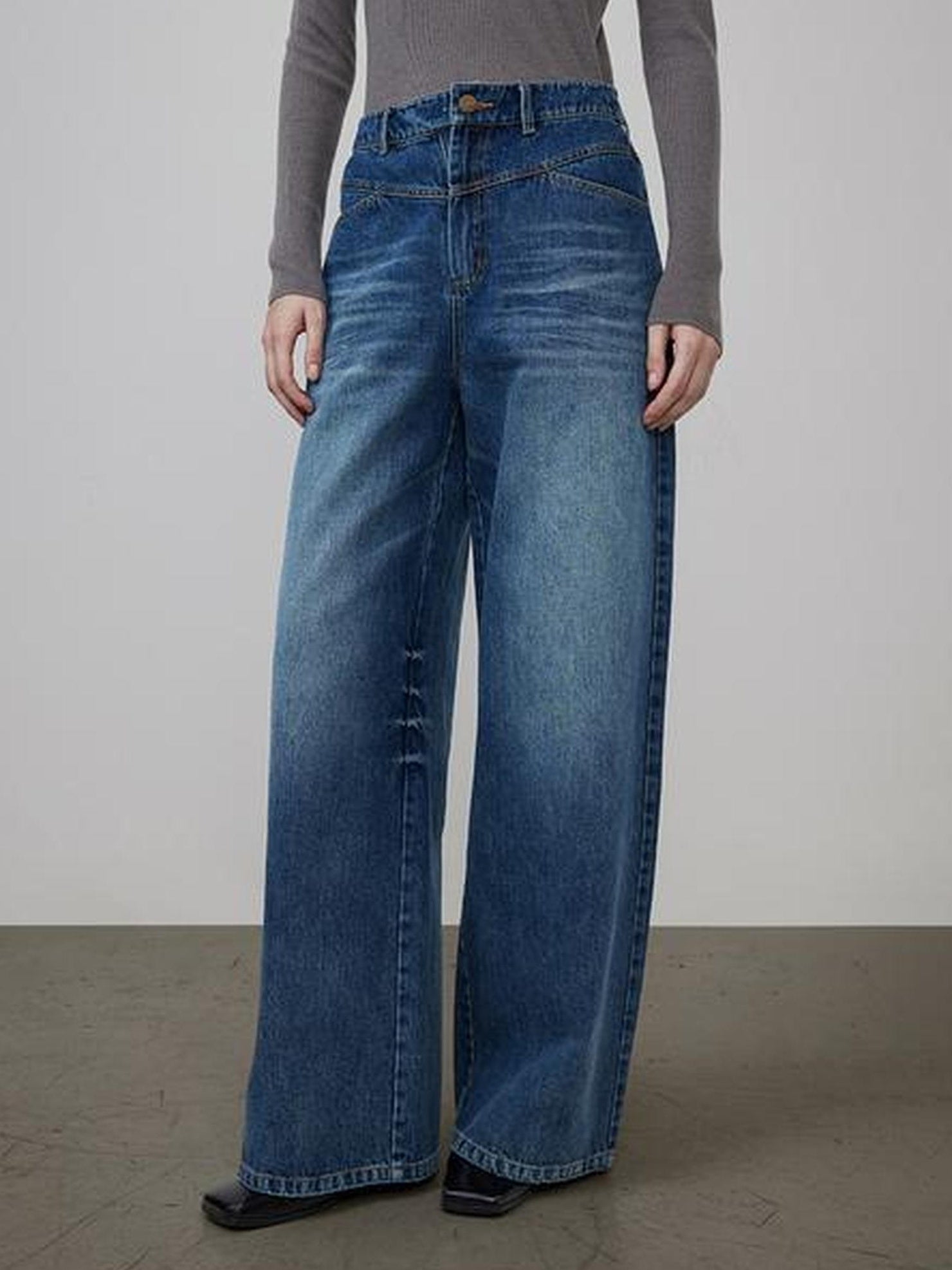 UNSPOKEN High Waist Wide Leg Loose Washed Cotton Denim Blue Durable Zip Fly Jeans