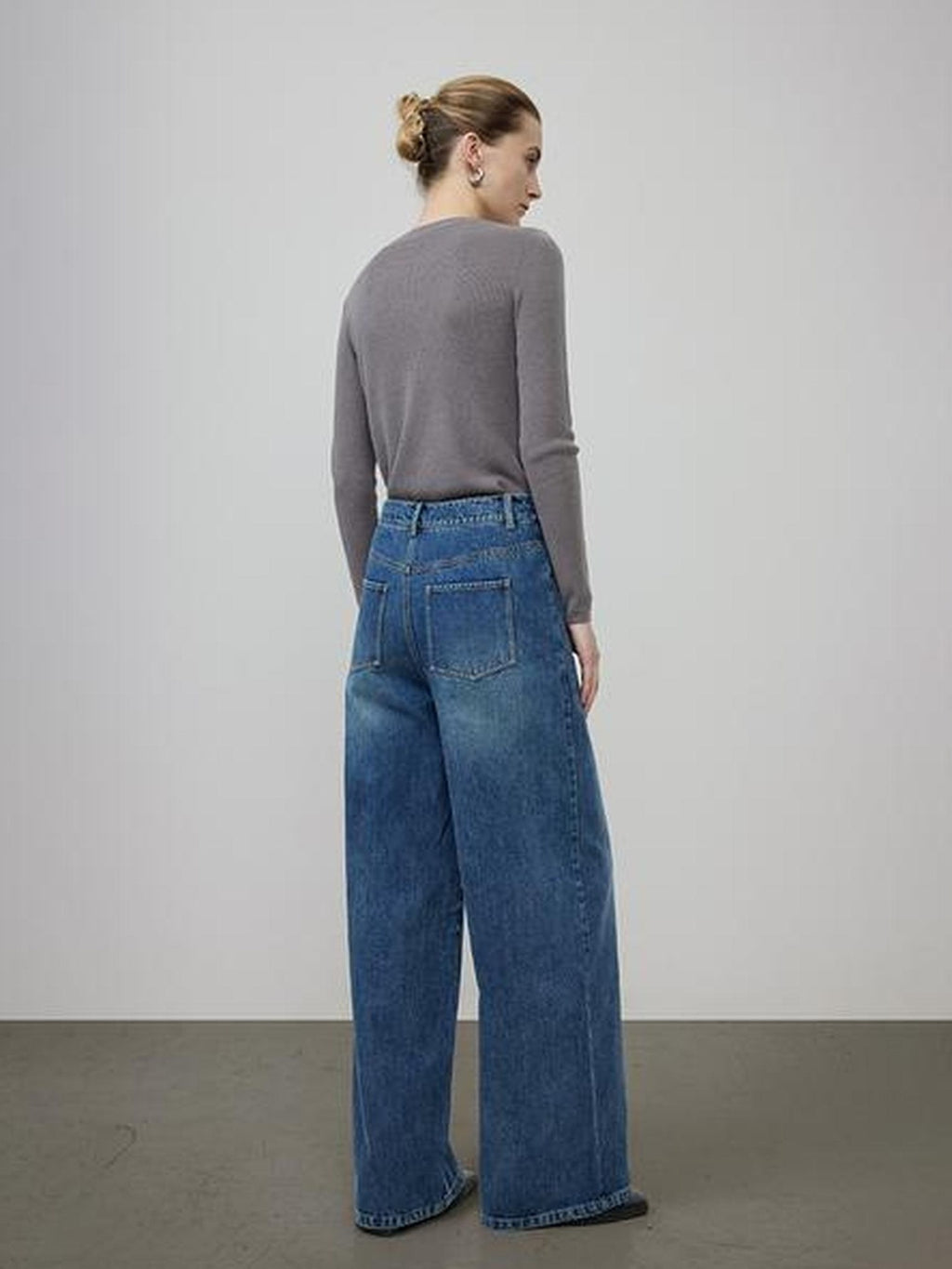 UNSPOKEN High Waist Wide Leg Loose Washed Cotton Denim Blue Durable Zip Fly Jeans