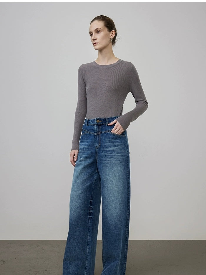 UNSPOKEN High Waist Wide Leg Loose Washed Cotton Denim Blue Durable Zip Fly Jeans