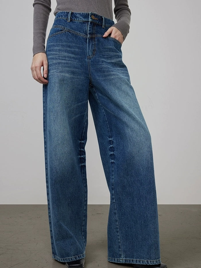 UNSPOKEN High Waist Wide Leg Loose Washed Cotton Denim Blue Durable Zip Fly Jeans