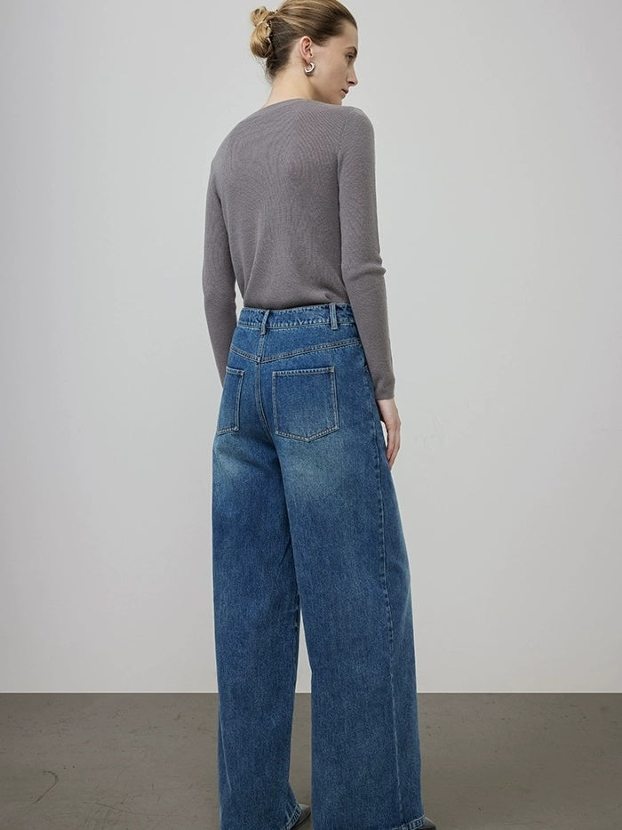 UNSPOKEN High Waist Wide Leg Loose Washed Cotton Denim Blue Durable Zip Fly Jeans