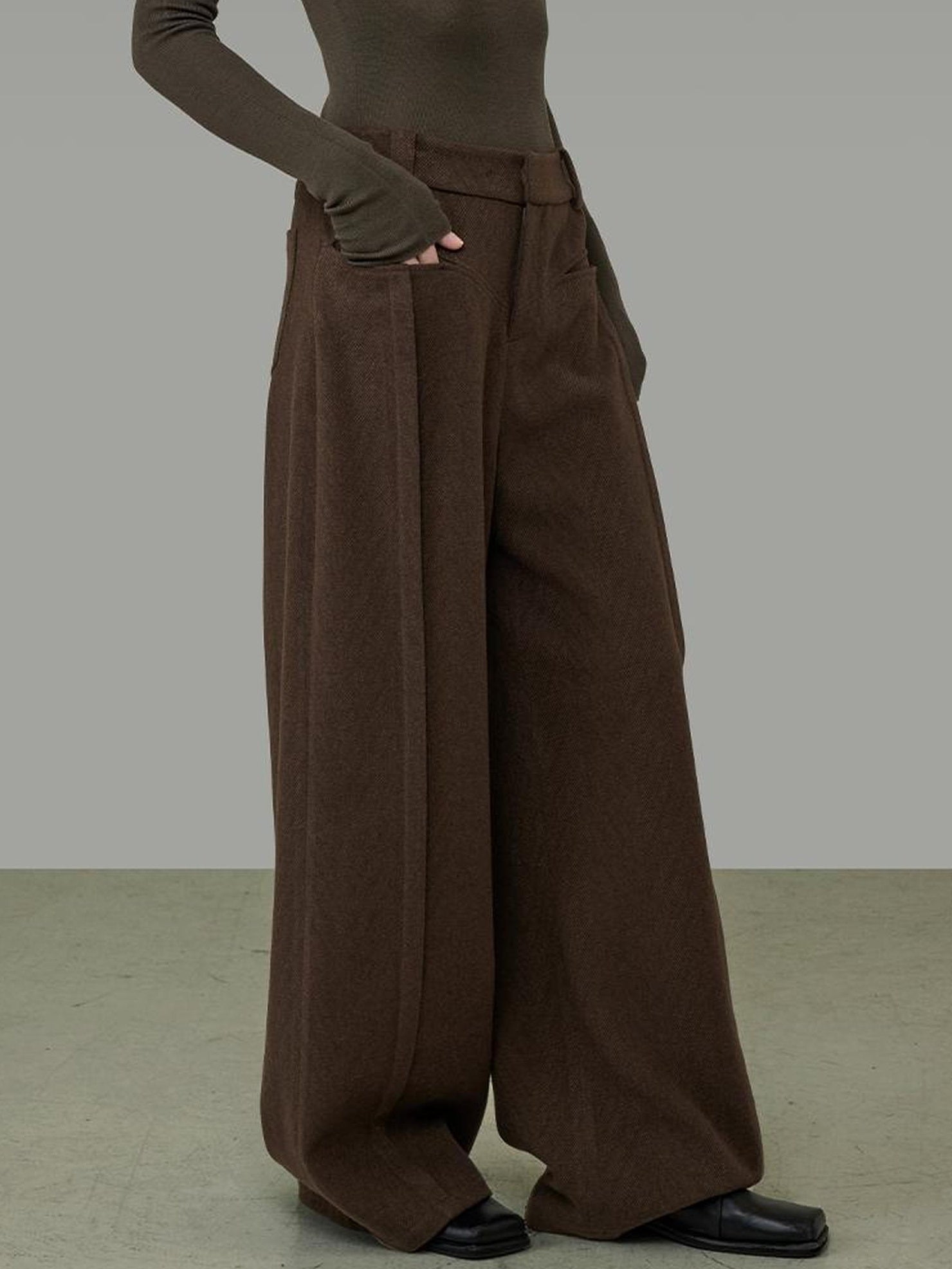 UNSPOKEN High Waisted Wide Leg Zip Fly Pockets Minimal Workwear Brown Pants