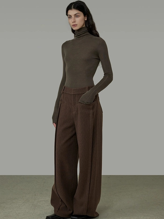 UNSPOKEN High Waisted Wide Leg Zip Fly Pockets Minimal Workwear Brown Pants