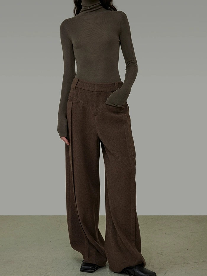 UNSPOKEN High Waisted Wide Leg Zip Fly Pockets Minimal Workwear Brown Pants