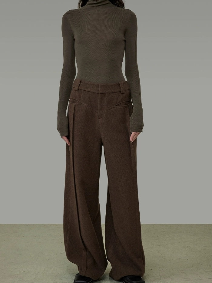 UNSPOKEN High Waisted Wide Leg Zip Fly Pockets Minimal Workwear Brown Pants