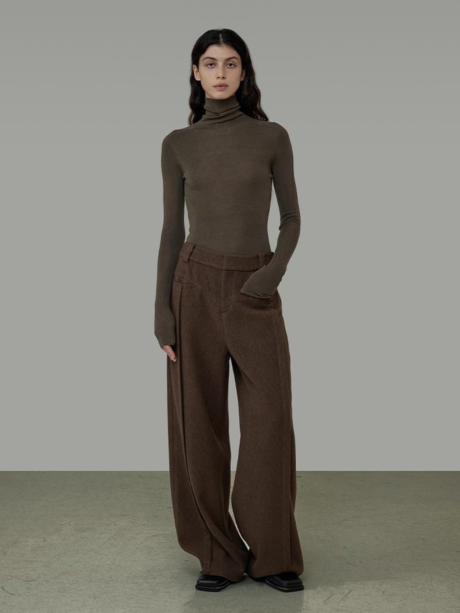 UNSPOKEN High Waisted Wide Leg Zip Fly Pockets Minimal Workwear Brown Pants