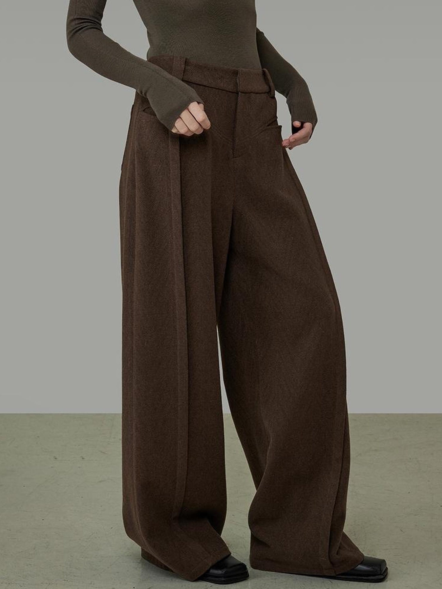UNSPOKEN High Waisted Wide Leg Zip Fly Pockets Minimal Workwear Brown Pants