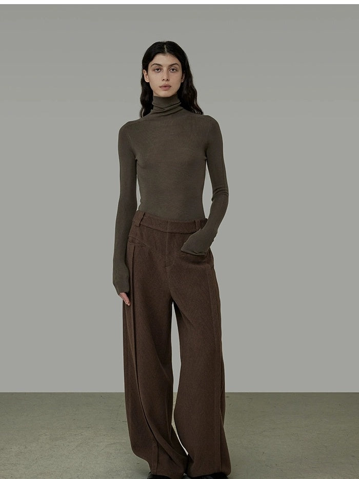 UNSPOKEN High Waisted Wide Leg Zip Fly Pockets Minimal Workwear Brown Pants