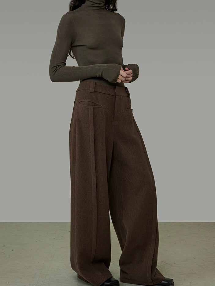 UNSPOKEN High Waisted Wide Leg Zip Fly Pockets Minimal Workwear Brown Pants
